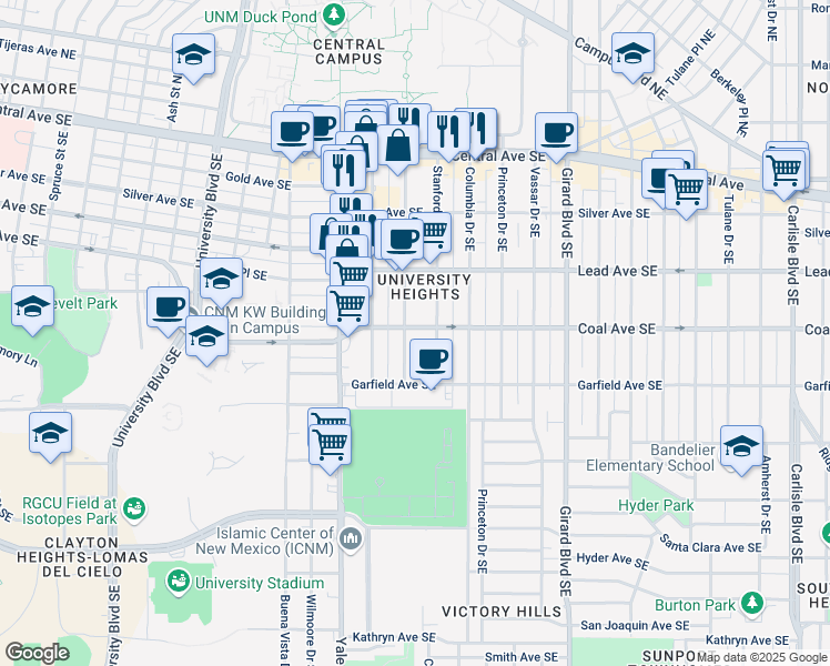map of restaurants, bars, coffee shops, grocery stores, and more near 317 Stanford Drive Southeast in Albuquerque
