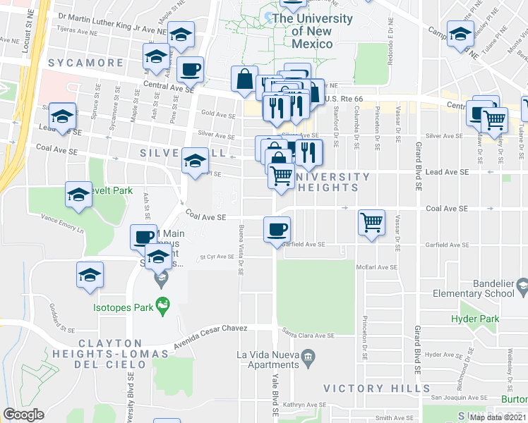 map of restaurants, bars, coffee shops, grocery stores, and more near 2129 Coal Avenue Southeast in Albuquerque