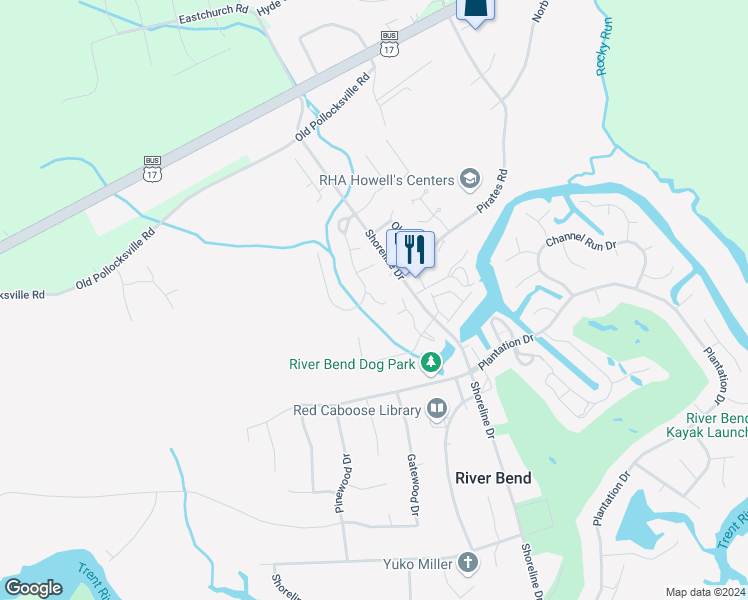 map of restaurants, bars, coffee shops, grocery stores, and more near 1005 Cobia Court in New Bern