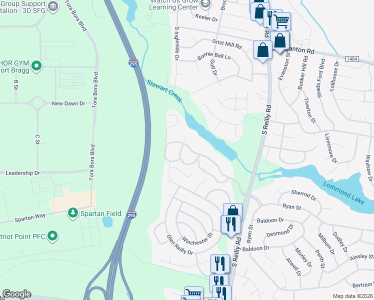 map of restaurants, bars, coffee shops, grocery stores, and more near 6772 Willowbrook Drive in Fayetteville