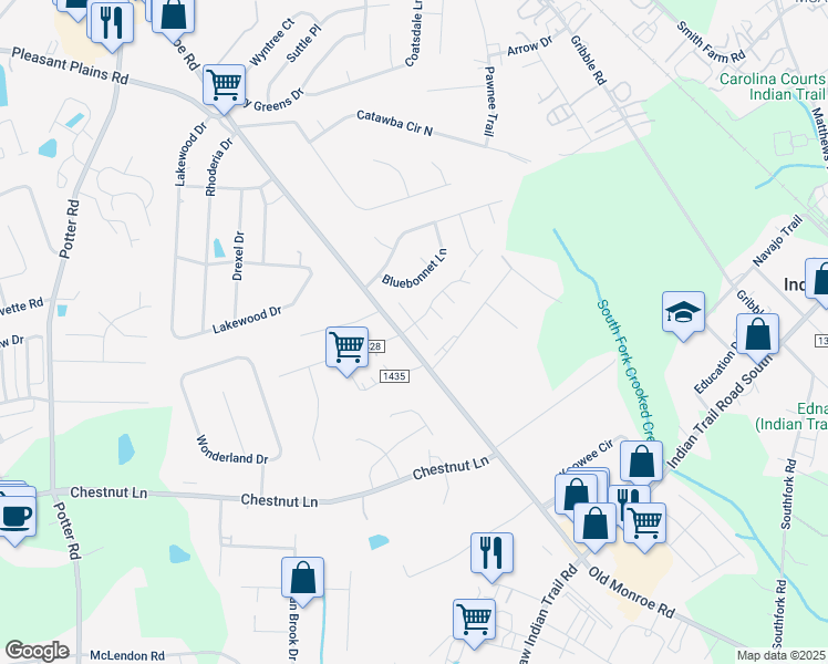 map of restaurants, bars, coffee shops, grocery stores, and more near 219 Park Meadows Drive in Stallings
