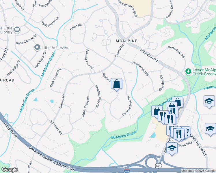 map of restaurants, bars, coffee shops, grocery stores, and more near 7400 Doves Nest Circle in Charlotte