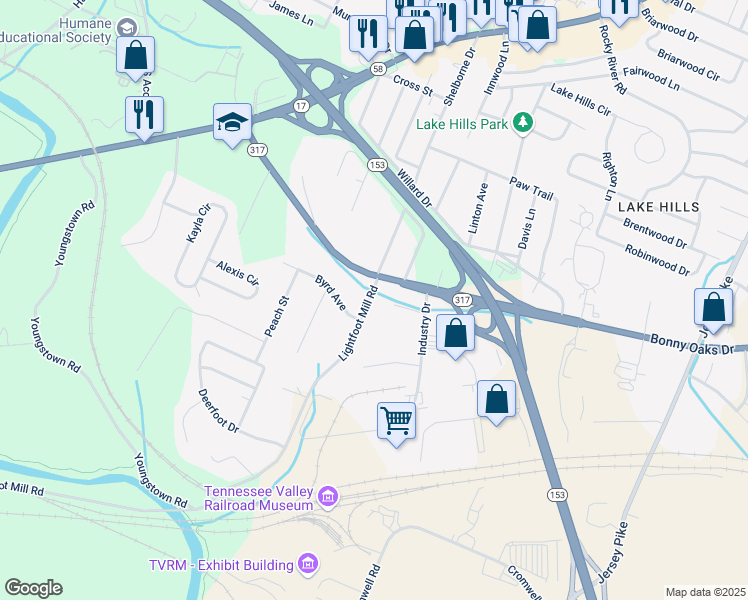 map of restaurants, bars, coffee shops, grocery stores, and more near 4434 Bonny Oaks Drive in Chattanooga