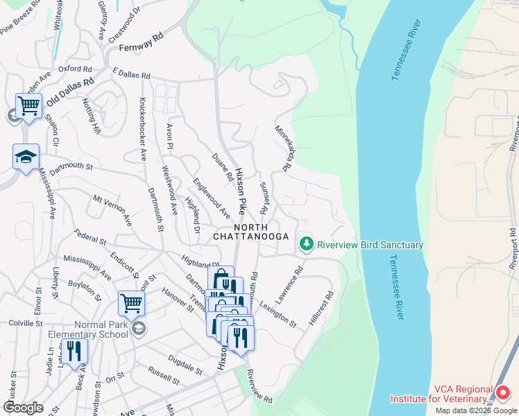 map of restaurants, bars, coffee shops, grocery stores, and more near 1525 Sunset Road in Chattanooga