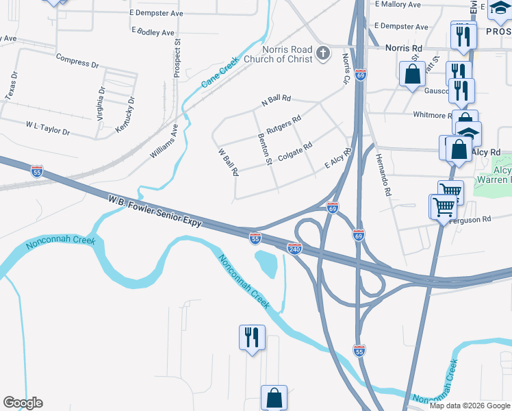 map of restaurants, bars, coffee shops, grocery stores, and more near 948 East Alcy Road in Memphis