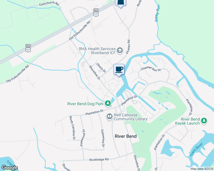 map of restaurants, bars, coffee shops, grocery stores, and more near 14 Pier Pointe in New Bern