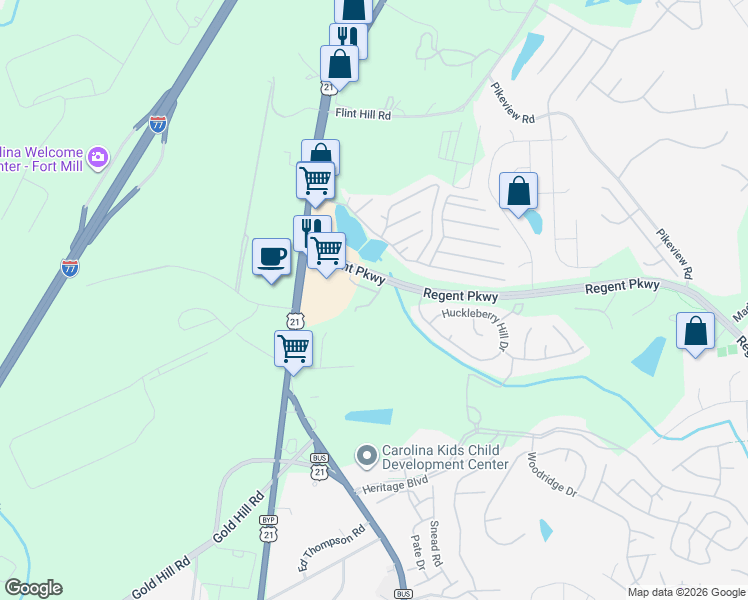 map of restaurants, bars, coffee shops, grocery stores, and more near Charterhouse Lane in Fort Mill