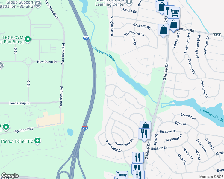 map of restaurants, bars, coffee shops, grocery stores, and more near 1025 Wood Creek Drive in Fayetteville
