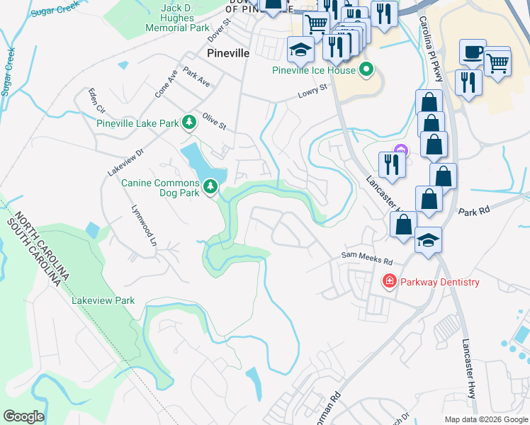 map of restaurants, bars, coffee shops, grocery stores, and more near 10616 Stoneacre Court in Pineville