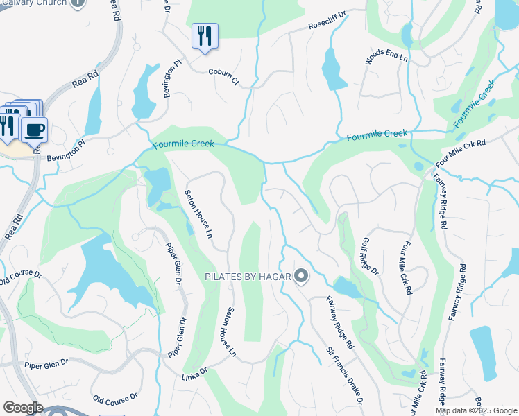 map of restaurants, bars, coffee shops, grocery stores, and more near 7841 Seton House Lane in Charlotte