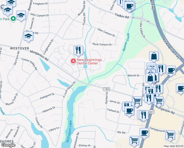 map of restaurants, bars, coffee shops, grocery stores, and more near 357 Waterdown Drive in Fayetteville