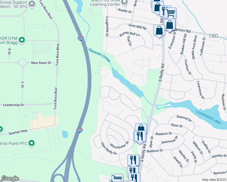 map of restaurants, bars, coffee shops, grocery stores, and more near 6771 Willowbrook Drive in Fayetteville