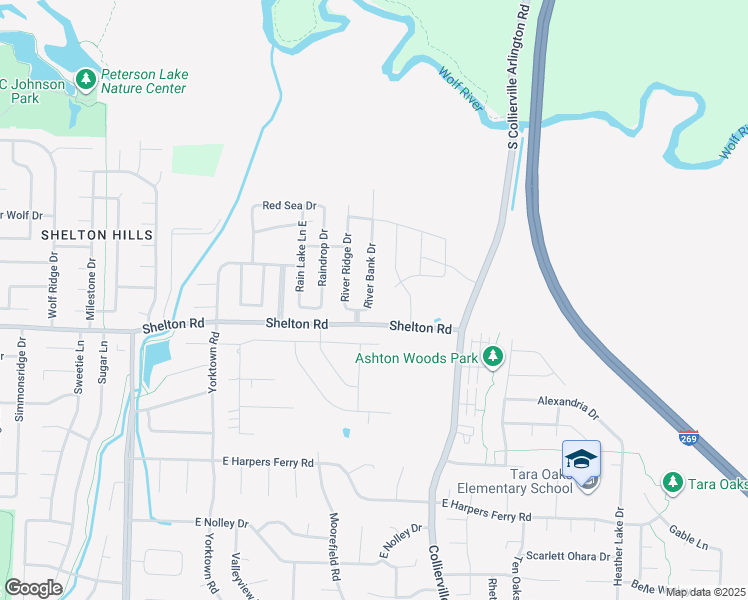 map of restaurants, bars, coffee shops, grocery stores, and more near 1313 River Bank Drive in Collierville