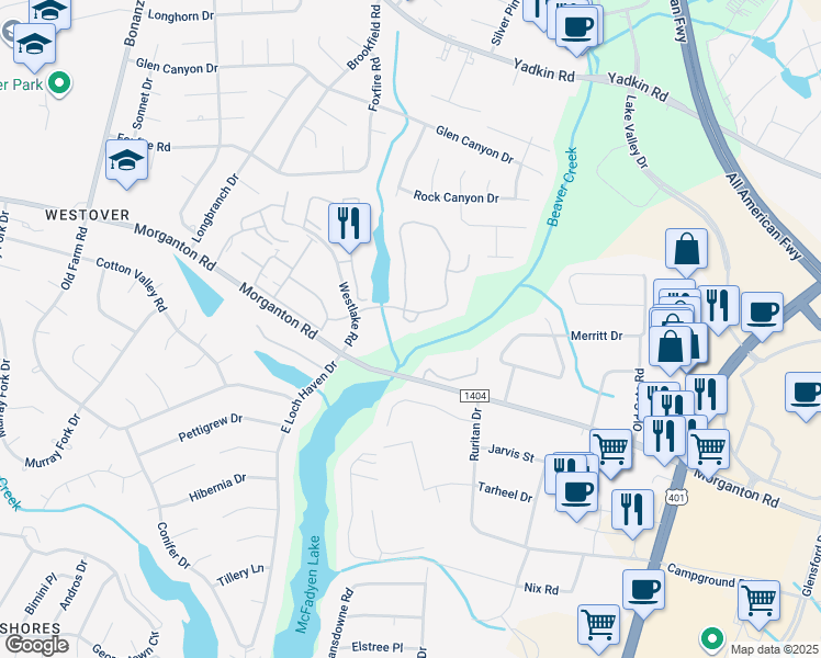 map of restaurants, bars, coffee shops, grocery stores, and more near 349 Waterdown Drive in Fayetteville