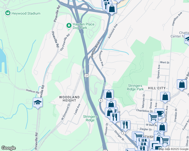 map of restaurants, bars, coffee shops, grocery stores, and more near Stringer Ridge Road in Chattanooga