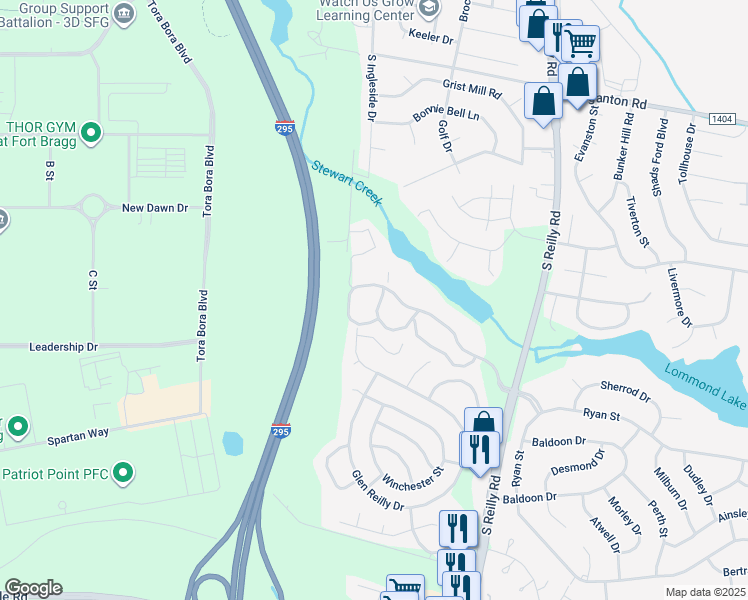 map of restaurants, bars, coffee shops, grocery stores, and more near 1025 Wood Creek Drive in Fayetteville