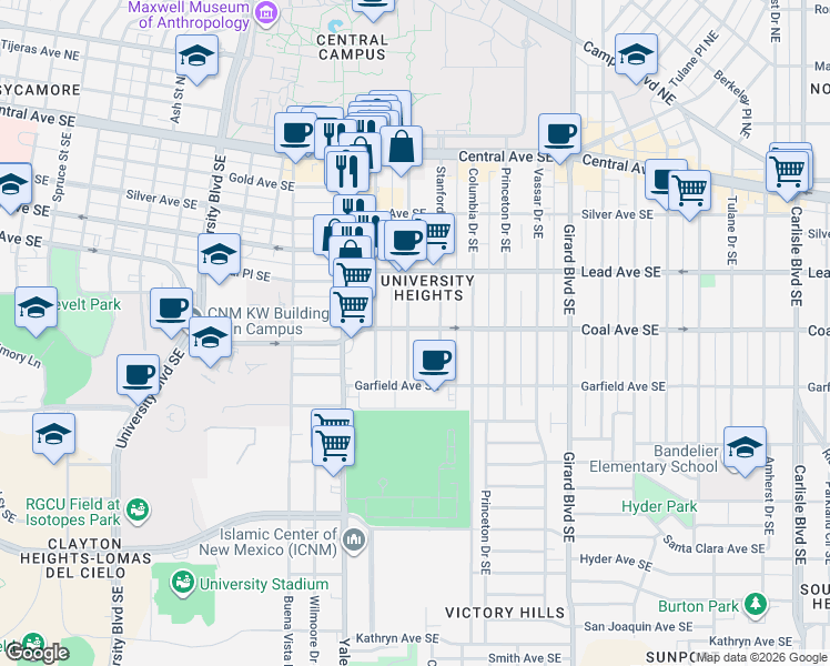 map of restaurants, bars, coffee shops, grocery stores, and more near 402 Cornell Drive Southeast in Albuquerque
