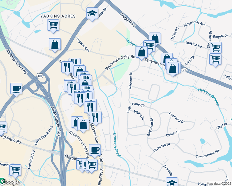 map of restaurants, bars, coffee shops, grocery stores, and more near 2409 Thorngrove Court in Fayetteville