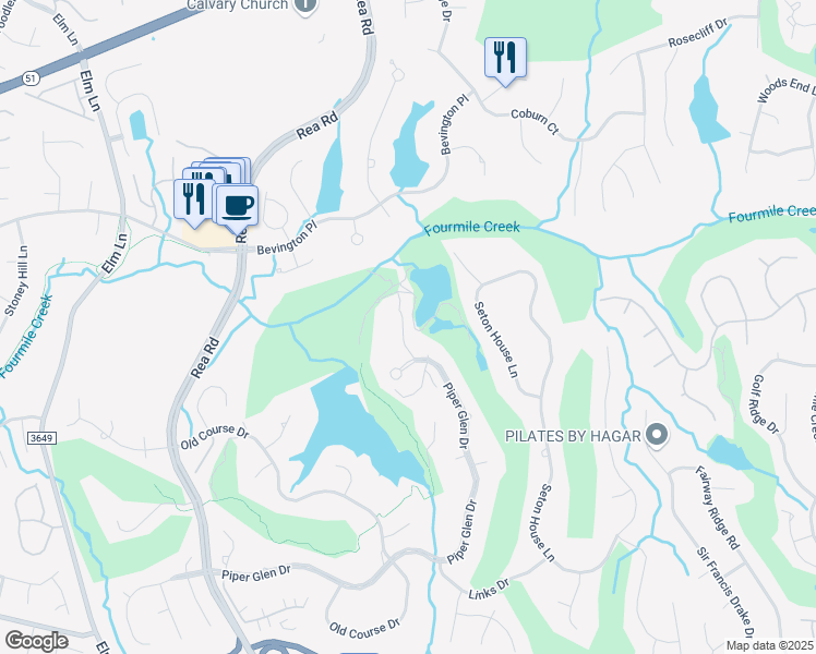 map of restaurants, bars, coffee shops, grocery stores, and more near 6611 Kilberry Lane in Charlotte