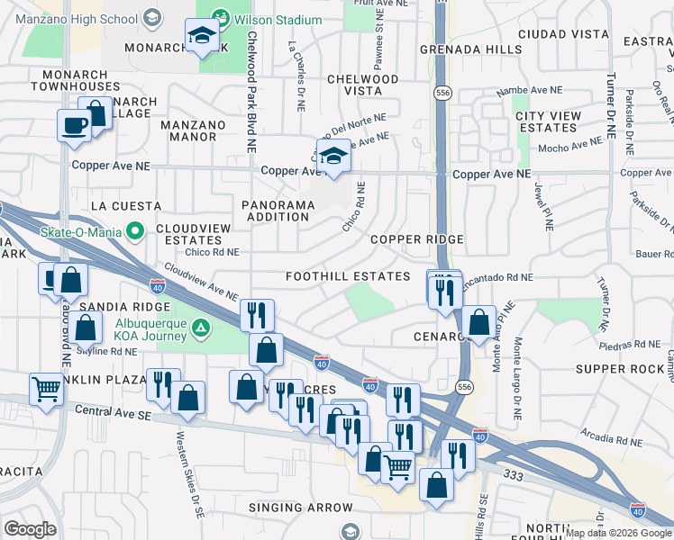 map of restaurants, bars, coffee shops, grocery stores, and more near 13120 Turquoise Avenue Northeast in Albuquerque