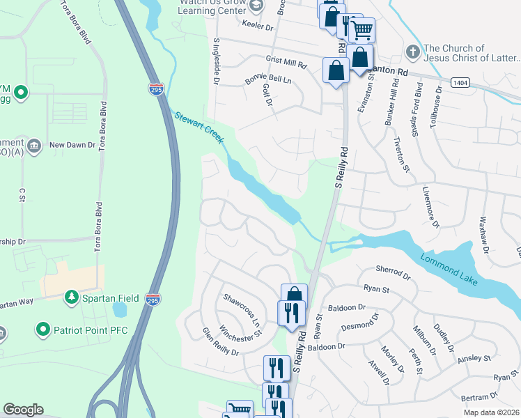 map of restaurants, bars, coffee shops, grocery stores, and more near 6756 Willowbrook Drive in Fayetteville