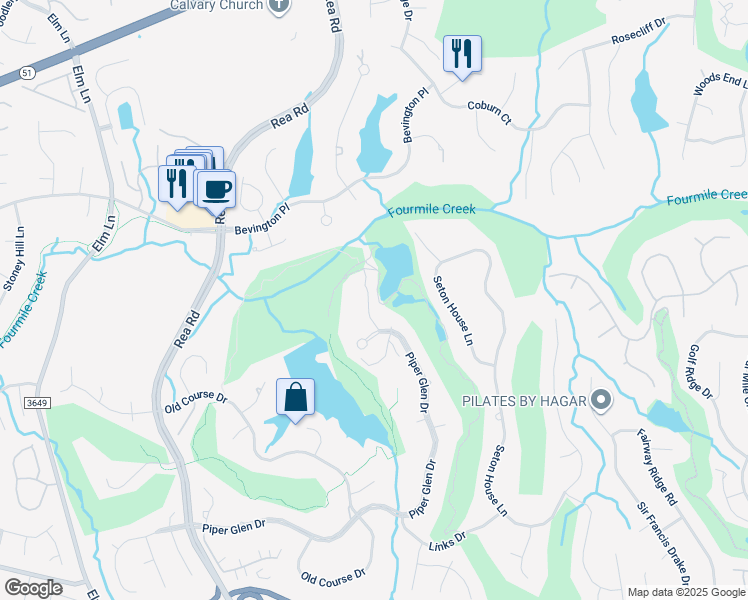 map of restaurants, bars, coffee shops, grocery stores, and more near 6611 Kilberry Lane in Charlotte