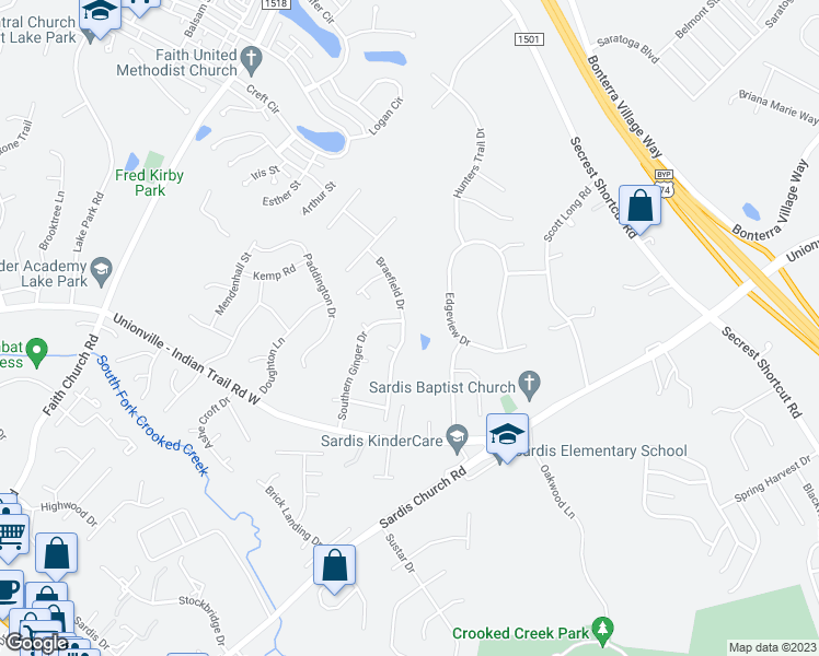 map of restaurants, bars, coffee shops, grocery stores, and more near 3508 Braefield Drive in Indian Trail