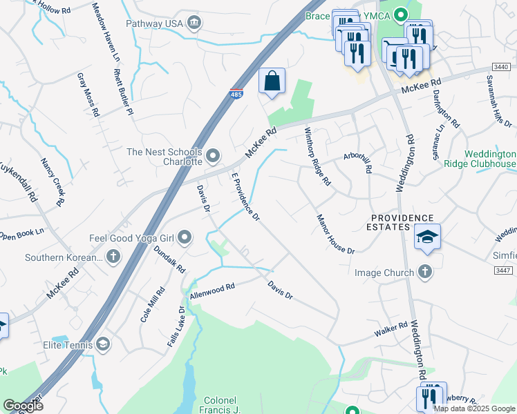 map of restaurants, bars, coffee shops, grocery stores, and more near 2031 East Providence Drive in Charlotte