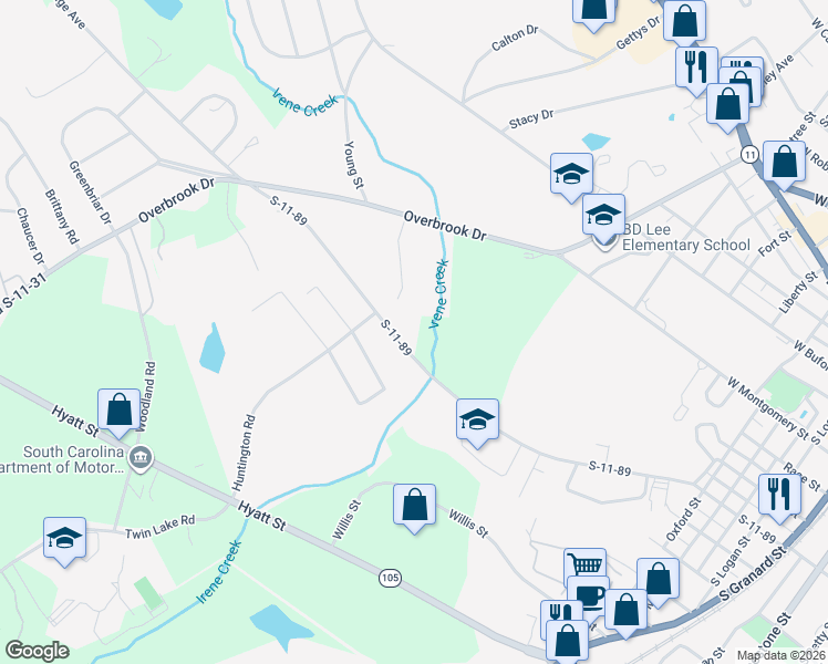 map of restaurants, bars, coffee shops, grocery stores, and more near 113 Huntington Road in Gaffney