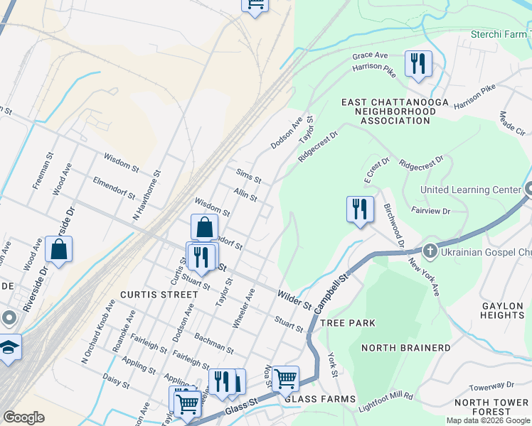 map of restaurants, bars, coffee shops, grocery stores, and more near 2219 Allin Street in Chattanooga
