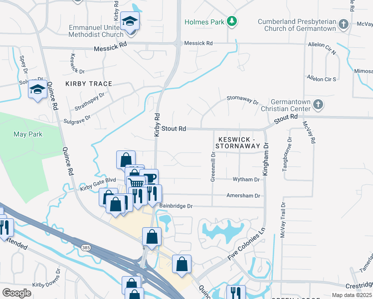 map of restaurants, bars, coffee shops, grocery stores, and more near 2676 Kirby Road in Memphis