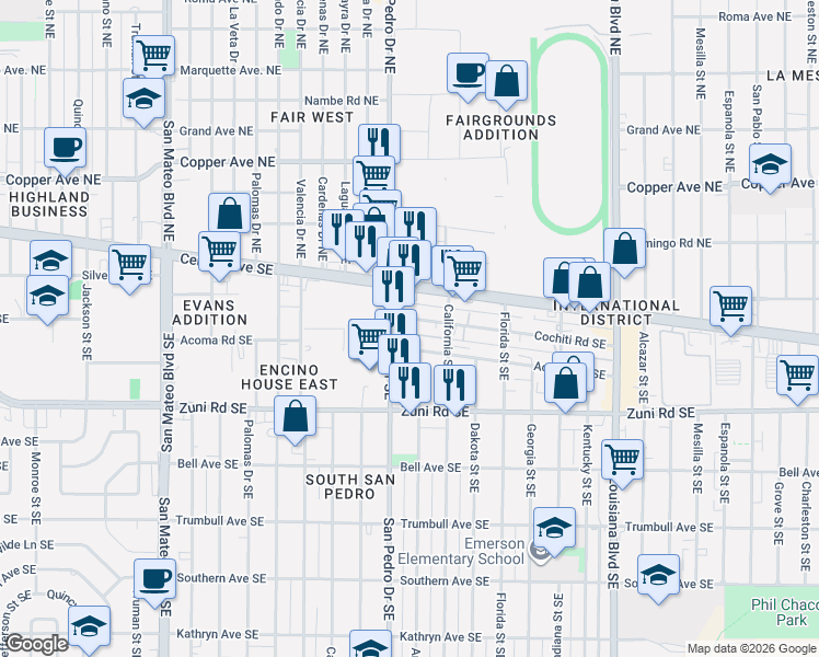 map of restaurants, bars, coffee shops, grocery stores, and more near 6327 Cochiti Road Southeast in Albuquerque