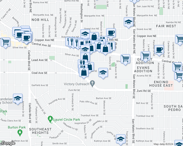 map of restaurants, bars, coffee shops, grocery stores, and more near 4600 Silver Avenue Southeast in Albuquerque