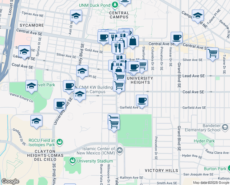 map of restaurants, bars, coffee shops, grocery stores, and more near 2129 Coal Avenue Southeast in Albuquerque