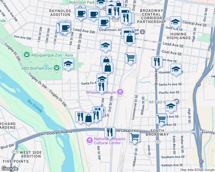 map of restaurants, bars, coffee shops, grocery stores, and more near 930 4th Street Southwest in Albuquerque