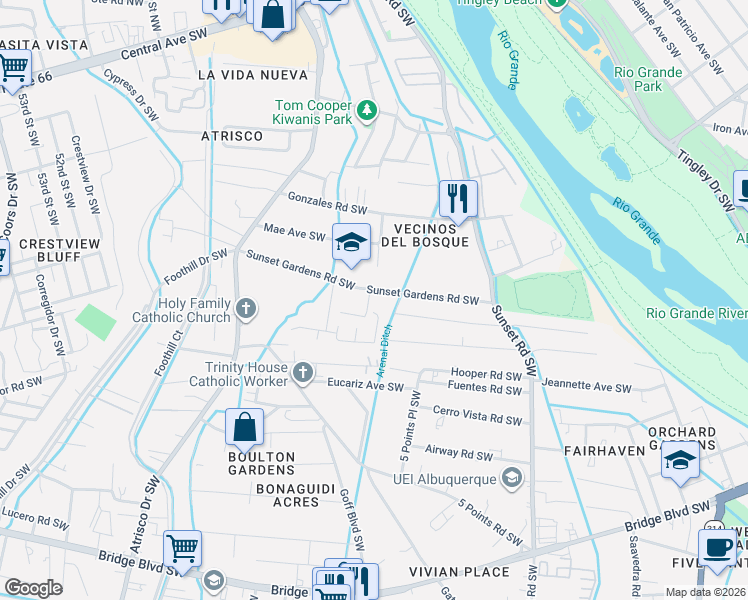 map of restaurants, bars, coffee shops, grocery stores, and more near 1703 Sunset Gardens Road Southwest in Albuquerque