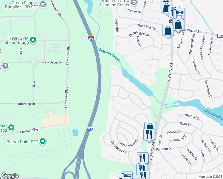 map of restaurants, bars, coffee shops, grocery stores, and more near 6804 Willowbrook Drive in Fayetteville