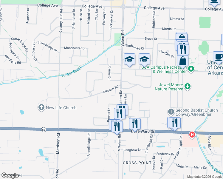 map of restaurants, bars, coffee shops, grocery stores, and more near 2910 Stermer Road in Conway