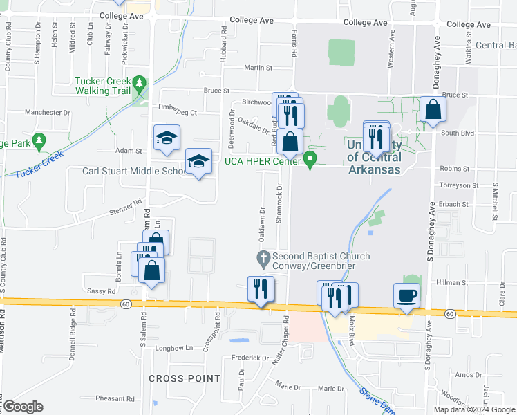 map of restaurants, bars, coffee shops, grocery stores, and more near 115 Oaklawn Drive in Conway
