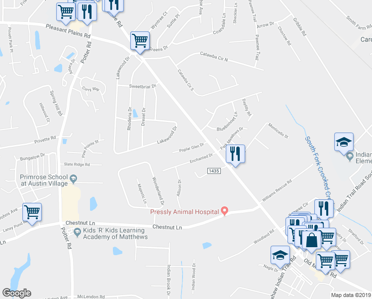 map of restaurants, bars, coffee shops, grocery stores, and more near 5059 Poplar Glen Drive in Matthews