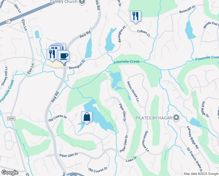 map of restaurants, bars, coffee shops, grocery stores, and more near 6607 Kilberry Lane in Charlotte