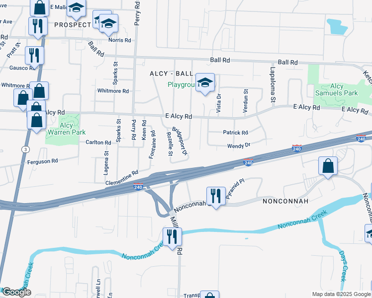 map of restaurants, bars, coffee shops, grocery stores, and more near 2560 Bridgeport Drive in Memphis