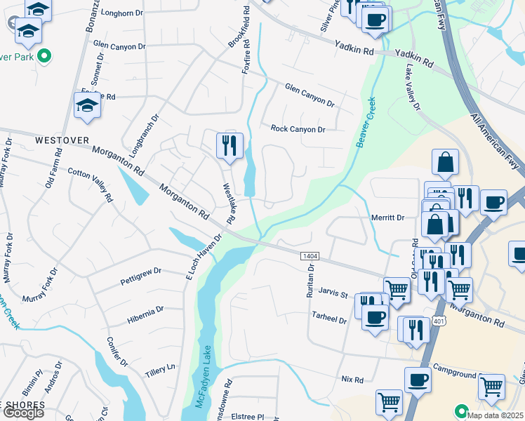 map of restaurants, bars, coffee shops, grocery stores, and more near 357 Waterdown Drive in Fayetteville