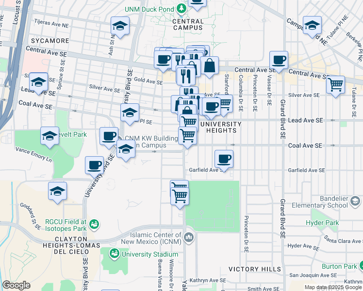 map of restaurants, bars, coffee shops, grocery stores, and more near 2129 Coal Avenue Southeast in Albuquerque