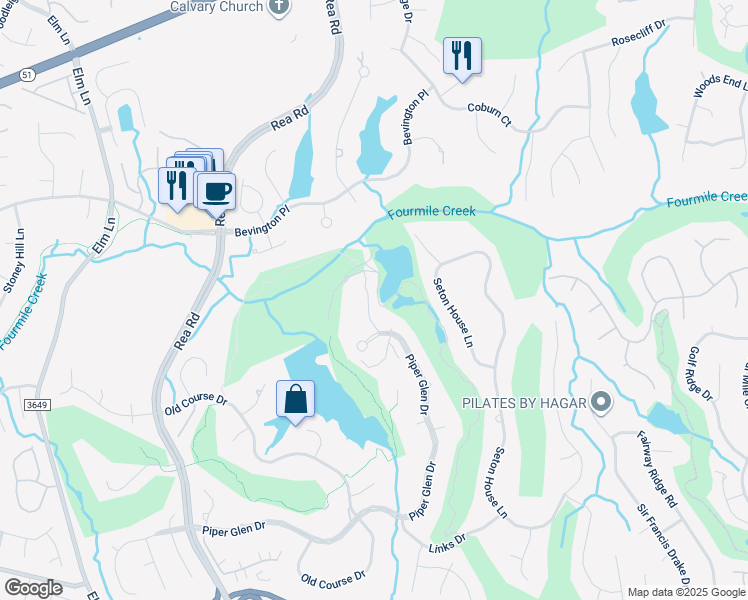 map of restaurants, bars, coffee shops, grocery stores, and more near 6607 Kilberry Lane in Charlotte