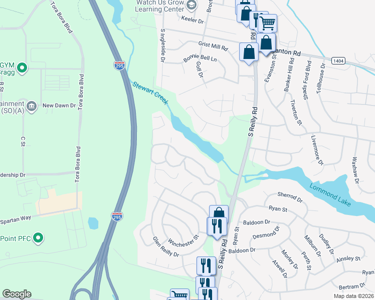 map of restaurants, bars, coffee shops, grocery stores, and more near 6760 Willowbrook Drive in Fayetteville
