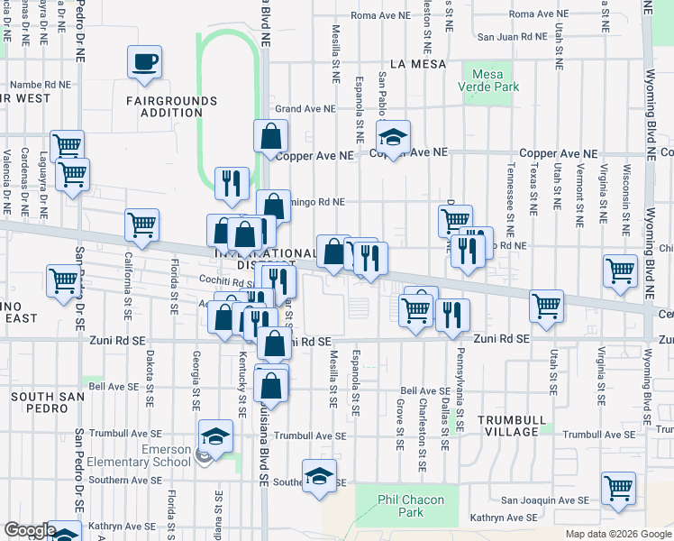 map of restaurants, bars, coffee shops, grocery stores, and more near Central Avenue Southeast in Bernalillo County