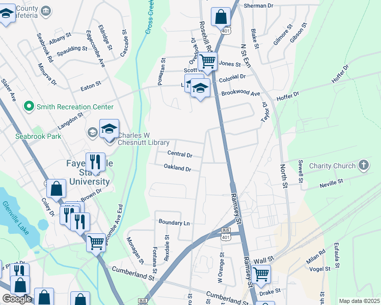 map of restaurants, bars, coffee shops, grocery stores, and more near 208 Central Drive in Fayetteville