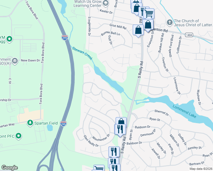 map of restaurants, bars, coffee shops, grocery stores, and more near 6756 Willowbrook Drive in Fayetteville