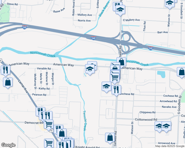 map of restaurants, bars, coffee shops, grocery stores, and more near 3805 American Way in Memphis